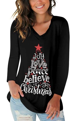 Merry Christmas Shirts for Women V Neck Xmas Holiday Tshirt Christmas Long Sleeve Tee Tops Black S