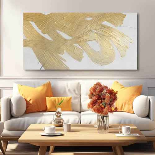 Gold Abstract Wall Art White and Gold Modern Framed Painting Texture Artwork for Living Room Office Dining Room Pictures 24x48 Inch Hand Painted