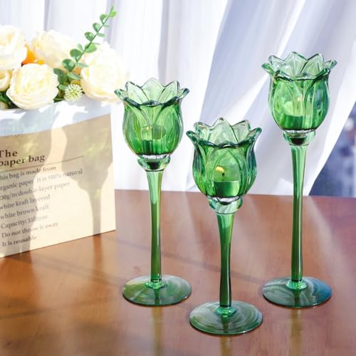 Green Glass Tulips Candle Holders Set of 3 (3 Count)