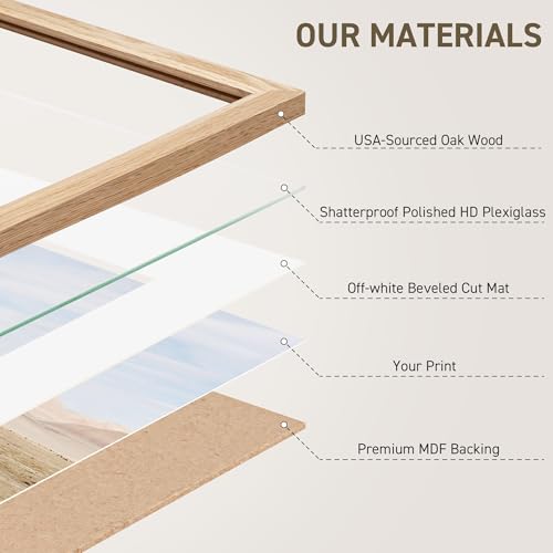 18x24 Poster Frame Natural Solid Oak Photo Frames with 16x20 Removable Mat Wall Hanging Large Handcrafted Frame with HD Plexiglass Wall and Tabletop Display Large Picture Frame