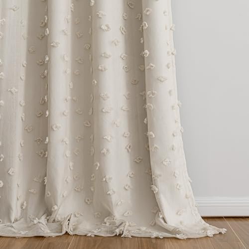 Beige Pom Pom Blackout Curtains for Girls Bedroom 63 Inch Long 100% Room Darkening Curtain for Kids Room 2 Panels Small Window Treatment Grommet 2 Layered Drapes Toddler 50W x 63L (2 Count)