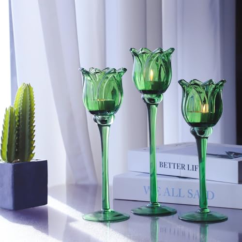 Green Glass Tulips Candle Holders Set of 3 (3 Count)