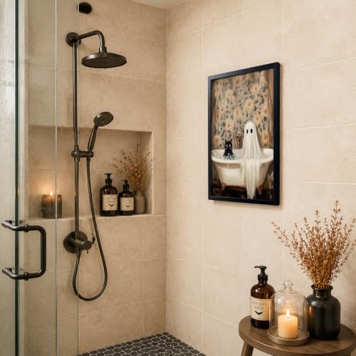 Funny Black Cat Bathroom Wall Art Framed Canvas Print