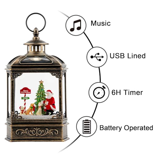 Christmas Snow Globe Lantern Water Glittering Santa Claus & Pups with Music & Timer
