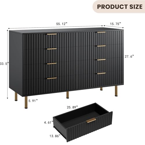 55" Fluted Black 8 Drawer Dresser for Bedroom with Deep Drawers