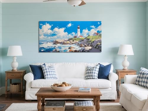 Coastal Wall Art Canvas Blue Ocean Seascape Painting Large 40"x20"