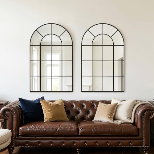 Arched Windowpane Wall Mirror 24"x36" Black Wall Mounted Art Pane Mirror Farmhouse Decorative Mirror Leaning Hanging Wall Mirror for Bedroom Living Room Entrance Hallway Wall Decor
