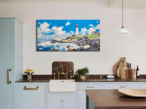Coastal Wall Art Canvas Blue Ocean Seascape Painting Large 40"x20"