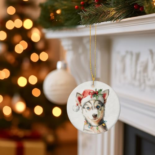 Santa Husky Puppy Christmas Ceramic Ornament
