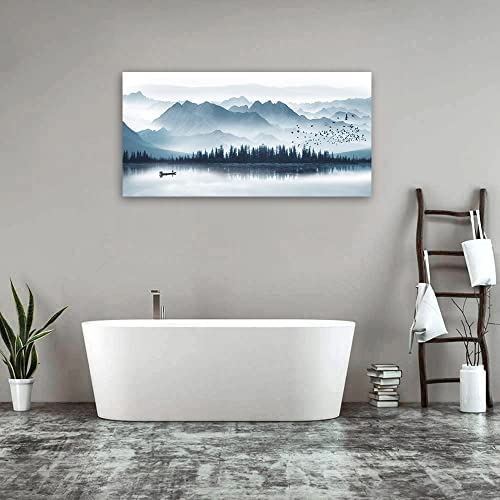 Indigo Canvas Wall Art Misty Mountain Wall Pictures Foggy Lake Boat Painting Print Blue Forest Birds Artwork Wall Decor for Living Room Wall Decorations Framed Ready to Hang 29" x 58"