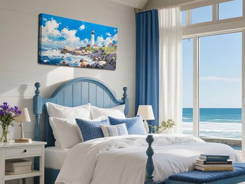 Coastal Wall Art Canvas Blue Ocean Seascape Painting Large 40"x20"