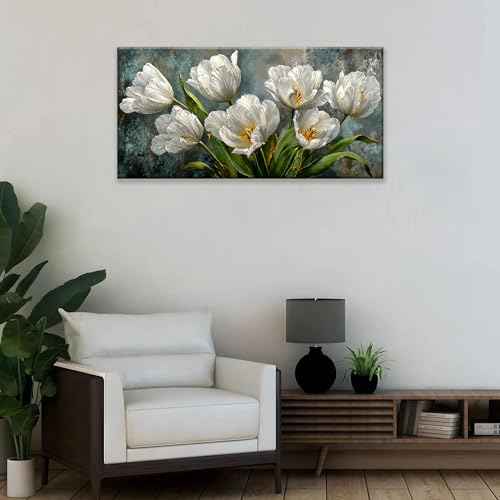 Canvas Wall Art Decor White Tulip Flower Canvas Art Wall Decor For Living Room Modern Floral Botanical Canvas Wall Art Prints Elegant Nature Flower Wall Art For Bedroom Home Office Wall Decor 20"×40"