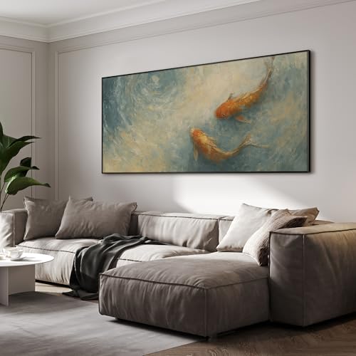 24"x46" Extra Large Framed Wall Art Koi Fish Swirl Tranquil Water Illustration for Home Living Room Bedroom Decor