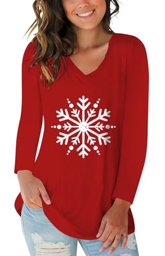 Winter T Shirt for Women Family Christmas Party Tops Funny Xmas Graphic Tees Red Snowflakes M