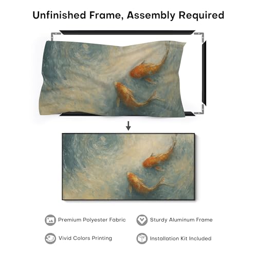 24"x46" Extra Large Framed Wall Art Koi Fish Swirl Tranquil Water Illustration for Home Living Room Bedroom Decor