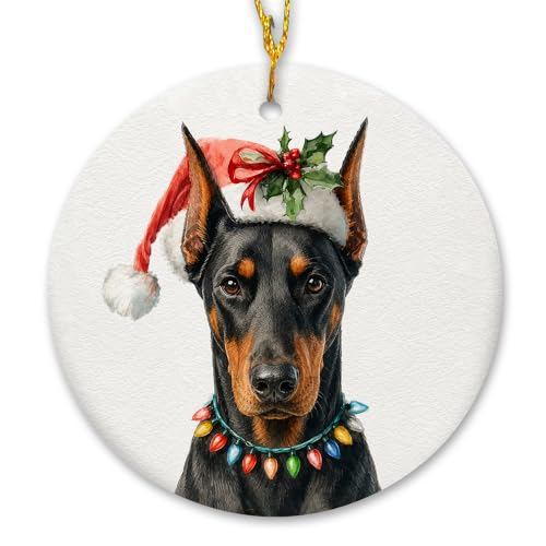 Santa Doberman Dog Christmas Ceramic Ornament