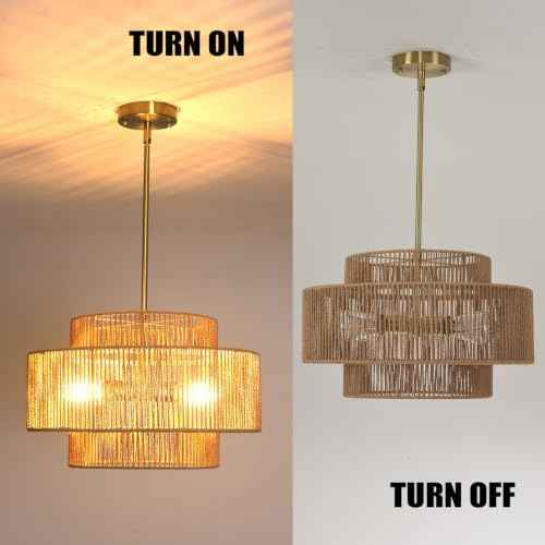 3 Tier Rattan Light Fixture Boho Chandelier for Dining Room