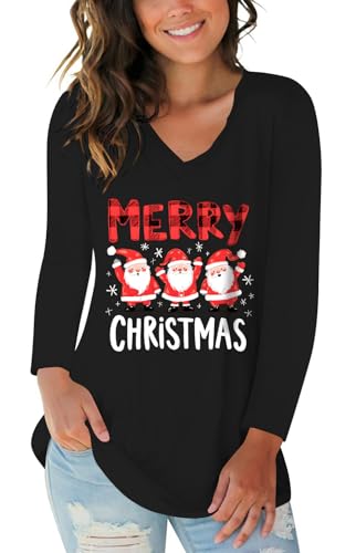 Women's Xmas Tees Casual Long Sleeve Merry Letter Printed Graphic Blouse Tops M