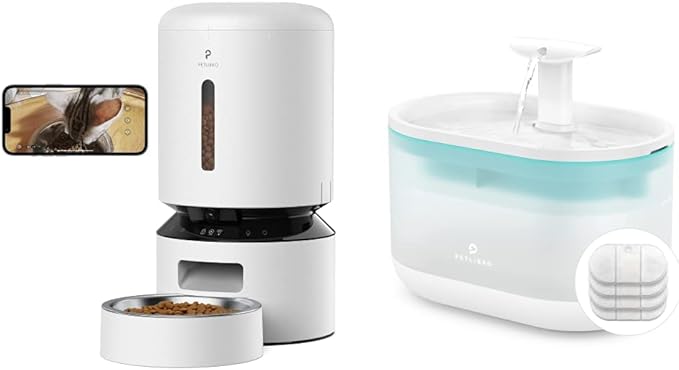 PETLIBRO 5G WiFi Cat Feeder with Camera, 2-Way Audio, Low Food & Blockage Sensor, Motion & Sound Alerts + Cat Water Fountain 71fl oz/2.1L with Two Flow Modes, Visible Water Level, 4 Large Filters