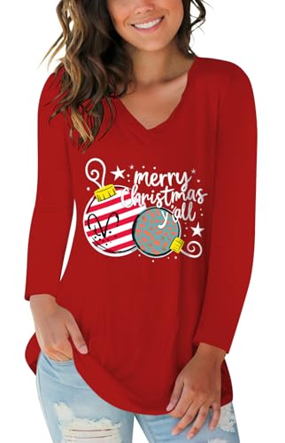 Womens Long Sleeve Christmas Tee Funny Xmas Lights Graphic T Shirts Merry Christmas Family Clothes Tops Red M