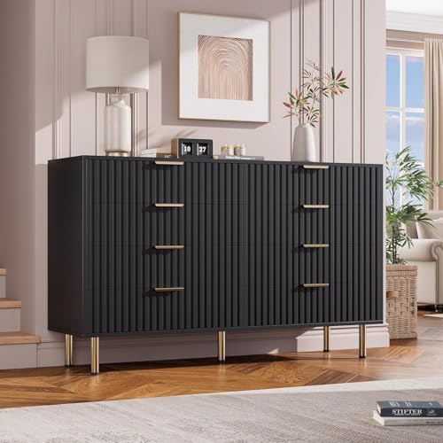 55" Fluted Black 8 Drawer Dresser for Bedroom with Deep Drawers