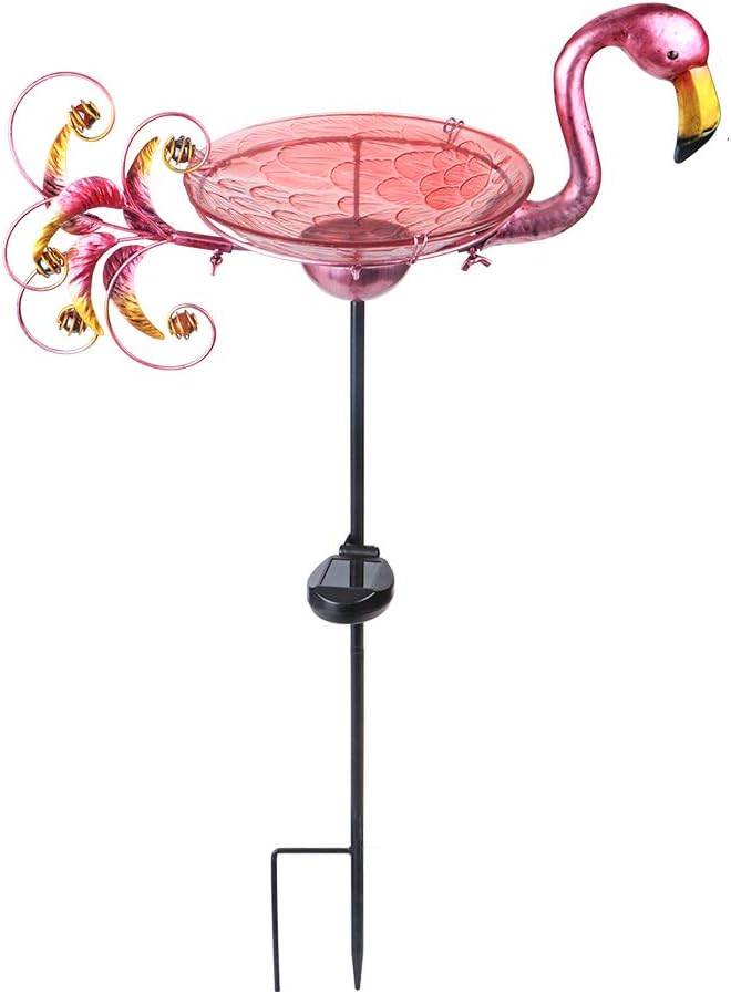 MUMTOP Outdoor Bird Bath Solar Birdbath Small Birdfeeder with Flamingo Metal Stake for Garden Yard Decor