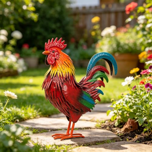 Rooster Garden Statue Sculpture Metal Chicken Yard Decor Outdoor Figurines Patio Backyard Decoration