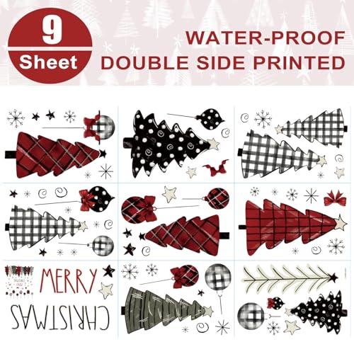 Christmas Window Clings for Glass 9 Sheet Xmas Tree Window Decals with Plaid Designs Window Stickers Winter Windows Cling for Party Supplies Home School Office Glass Decorations (9 Count)