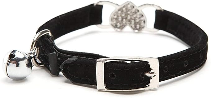 CHUKCHI Pink Soft Velvet Safe Cat Adjustable Collar with Crystal Heart Charm and Bells 8-11 Inches(Black+Pink)