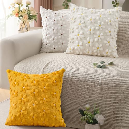 Spring Summer Pillow Covers 16x16 inch Set of 2 White Rust Daisy
