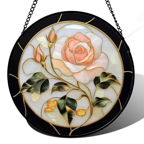 Pink Rose Stained Glass Window Hanging Suncatcher Gifts for Women 9.8"