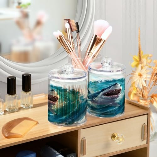 2 Pack Qtip Holder Organizer Dispenser Jumping Shark Blue Ocean Wave Bathroom Storage Canister Cotton Ball Holder Container for Cotton Pads (2 Count)