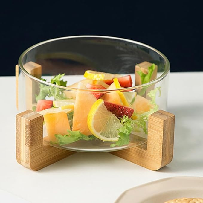 PRETYZOOM Glass Salad Bowl with Solid Wood Base Versatile Serving Bowl Kitchen Utensils for Fruits Noodles Desserts 6 Inch