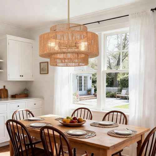 3 Tier Rattan Light Fixture Boho Chandelier for Dining Room