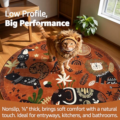 5ft Cute Round Rug Kids Washable Fun Rug Terracotta Boho Jungle Mat (19.63 Sq Ft)