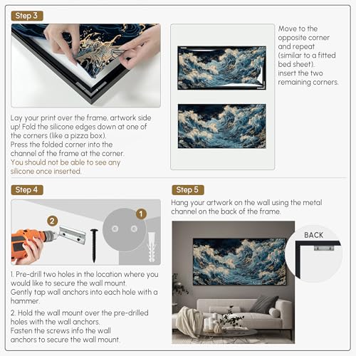 24"x46" Extra Large Framed Wall Art Koi Fish Swirl Tranquil Water Illustration for Home Living Room Bedroom Decor