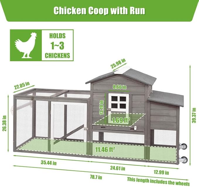Wooden Chicken Coop Cage Outdoor Indoor Hen House with Nesting Box, Waterproof Roof, Removable Tray for Poultry Pets Enclosure Garden Backyard (Grey)