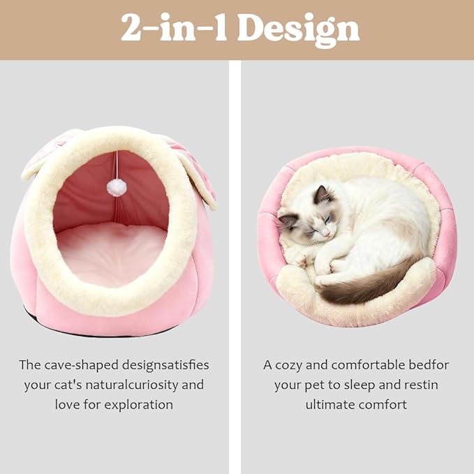 Lcybem Cat Beds for Indoor Cats - Rabbit-Shaped Cat Cave Bed with Hanging Toy,Super Soft Calming Pet Bed for Kitten,Small Dog,Warm Plush&Machine Washable&Removable Cotton Pad,cat Hideaway