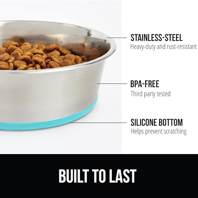 GORILLA GRIP Dog Bowls, Holds 1 Cup Each (8 fl oz), Heavy Duty Stainless Steel Food and Water Bowl for Feeding Dogs and Cats, Dishwasher Safe, Rust Resistant, BPA Free Rubber Base, Set of 2 Turquoise