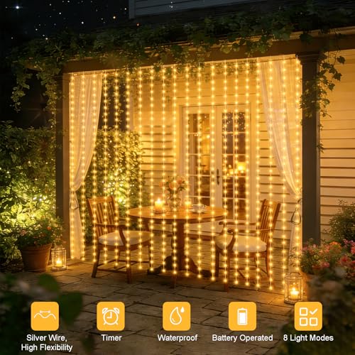 Curtain Lights Battery Operated 9.8 x 9.8Ft with Timer Warm White (300 Count)