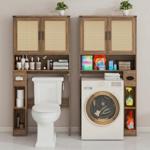 Over The Toilet Storage Cabinet with 2 Rattan Barn Doors