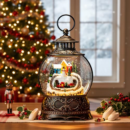 Christmas Village Snow Globe Water Lantern with Snowman and Train Scene Battery Operated or USB Powered Musical Lighted Holiday Decoration for Tabletop Display for Family and Friends