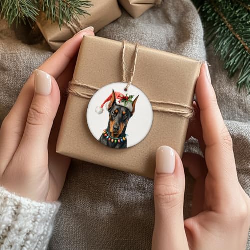 Santa Doberman Dog Christmas Ceramic Ornament
