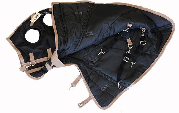 AJ Tack 1200D Waterproof Winter Horse Blanket with Hood - 400g Heavyweight Turnout with Fleece Collar, Shoulder Gussets & Tail Flap - Black 84"