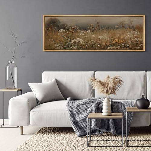Large Framed Canvas Print Wall Art Autumn Meadow Landscape Rustic Field Illustrations Antique Retro Fine Art Illustrations Decorative Colorful for Bedroom