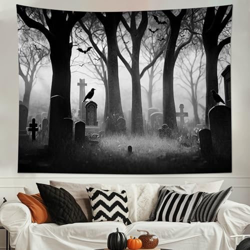 Spooky Halloween Cemetery Tapestry Scary Tombstone with Dead Trees Forest Tapestry Wall Hanging Horror Ghost Party Background Tapestry for Bedroom Living Room Dorm 80Wx60L Inches