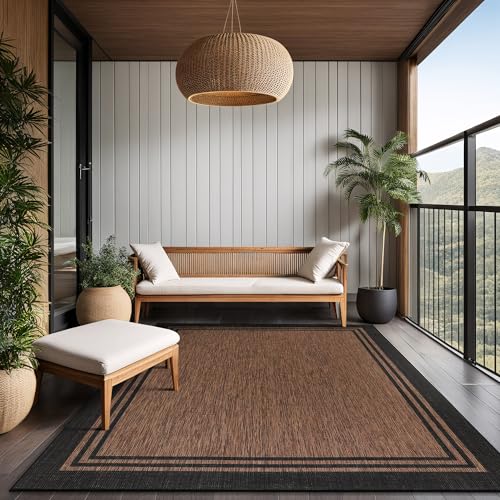 Bordered Outdoor Rug 9x12 Washable Outside Carpet for Indoor Patio Porch Waterproof Easy Cleaning Non Shedding Area Rugs Nut Brown 9 x 12