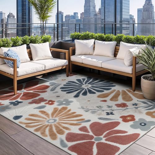 Outdoor Rug 10x14 Large Modern Floral Tropical Area Rugs for Outdoor and Indoor Patio Easy to Clean Non Shedding Living Room Porch Garden Washable Outside Carpet (140 Sq Ft)