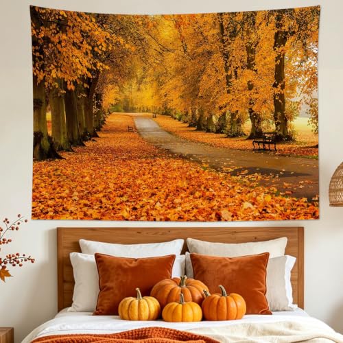 Fall Forest Tapestry Wall Hanging Autumn Natural Landscape Maple Tree with Vintage Road Fall Wall Hanging for Bedroom Living Room Dorm Home Party Holiday Decor 60x40 Inch