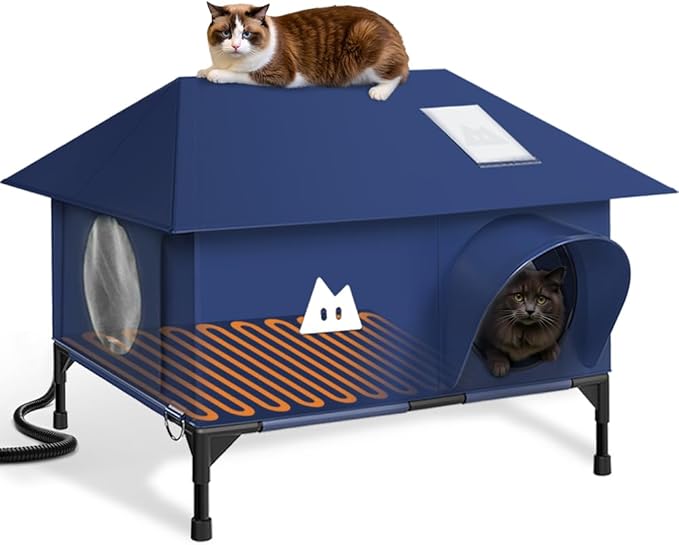Heated Cat House for Outside Cats Winter, Large Hip Roof 100% Waterproof Outdoor Cat House, Elevated Base, Weatherproof Insulated Shelter for Stray Feral Barn Cat (Dark Blue, 20" Lx16 Wx14 H)